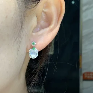 High-Icy Glowing Natural Jadeite Cabochon Drop Earrings — S925 Silver · No. 4842