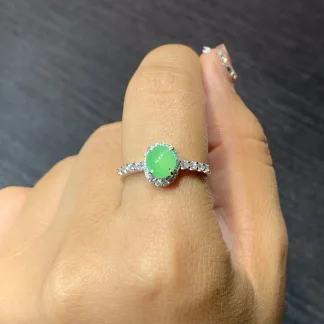 Icy Soft Vivid Green Natural Jadeite Cabochon Ring — S925 Silver · No. 85F1