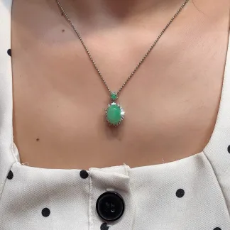 Icy Fresh Vivid Green Natural Jadeite Cabochon Pendant — S925 Silver · No. 04FC