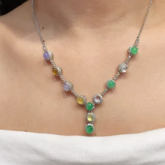 High-Icy Multicolor Natural Jadeite Cabochon Necklace — S925 Silver · No. F399