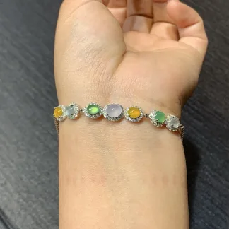 High-Icy Multicolor Natural Jadeite Cabochon Bracelet — S925 Silver · No. 4DFF