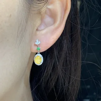 High-Icy Honey Yellow Natural Jadeite Cabochon Drop Earrings — S925 Silver · No. 06FF