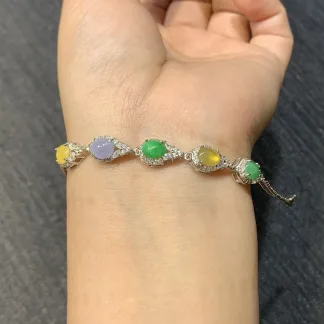 High-Icy Multicolor Natural Jadeite Bracelet — S925 Silver · No. 9131