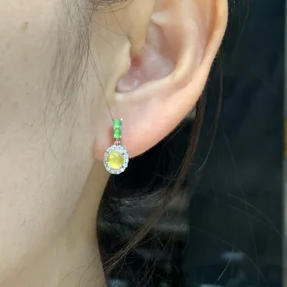 High-Icy Honey Yellow and Green Natural Jadeite Cabochon Drop Earrings — S925 Silver · No. 1873