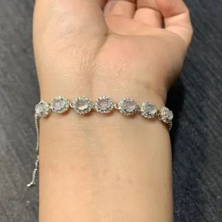 High-Icy Glowing Natural Jadeite Cabochon Bracelet — S925 Silver · No. 47CC