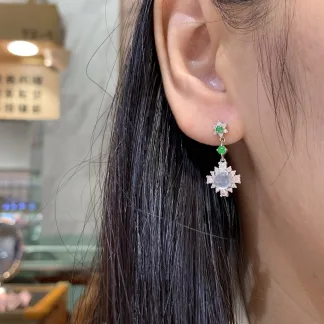 High-Icy White Cabochon and Vivid Green Natural Jadeite Cabochon Drop Earrings — S925 Silver · No. EB99