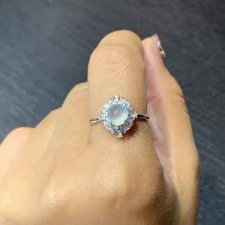 High-Icy Glowing Natural Jadeite Cabochon Ring — S925 Silver · No. 13D6