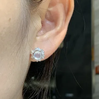 High-Icy Glowing Natural Jadeite Cabochon Stud Earrings — S925 Silver · No. 850D
