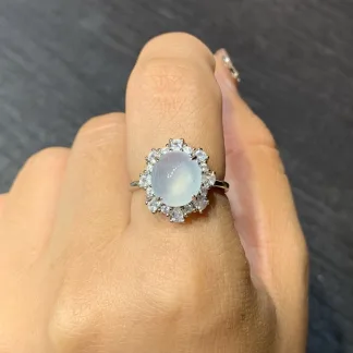 High-Icy Glowing Natural Jadeite Cabochon Ring — S925 Silver · No. F8F0