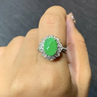 Icy Vivid Green Natural Jadeite Cabochon Ring — S925 Silver · No. 08A6