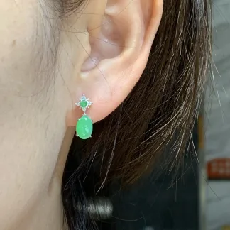 Icy Vivid Green Natural Jadeite Cabochon Drop Earrings — S925 Silver · No. 5718