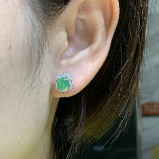 Icy Vivid Green Natural Jadeite Cabochon Stud Earrings — S925 Silver · No. 770D