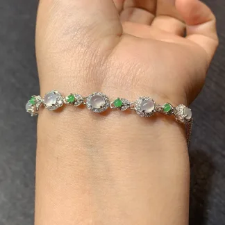 High-Icy Glowing Natural Jadeite Cabochon Bracelet — S925 Silver · No. E827