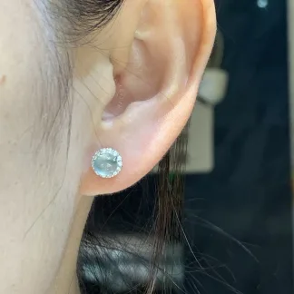 High-Icy Mottled Glowing Natural Jadeite Cabochon Stud Earrings — S925 Silver · No. 43E7