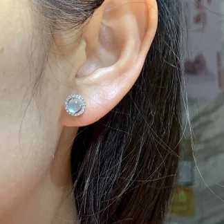 High-Icy Clear Natural Jadeite Cabochon Stud Earrings — S925 Silver · No. 2094