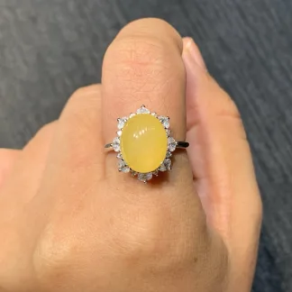 Icy Honey Yellow Natural Jadeite Cabochon Ring — S925 Silver · No. E9A5