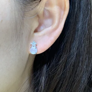 High-Icy Glowing Natural Jadeite Cabochon Stud Earrings — S925 Silver · No. B83F