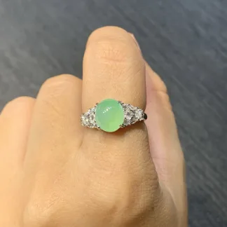 Icy Soft Fresh Green Natural Jadeite Cabochon Ring — S925 Silver · No. F6B1