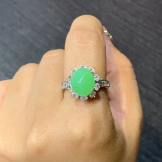 Icy Vivid Green Natural Jadeite Cabochon Ring — S925 Silver · No. 2A80