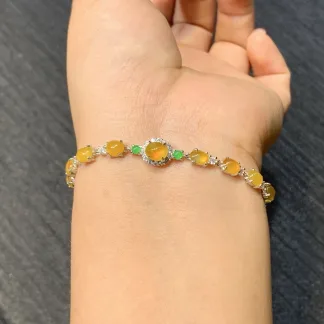 High-Icy Honey Yellow Natural Jadeite Cabochon Bracelet — S925 Silver · No. 3FB9