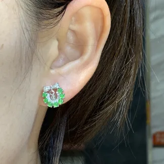 Icy Vivid Green Princess-Style Natural Jadeite Cabochon Stud Earrings — S925 Silver · No. D29E