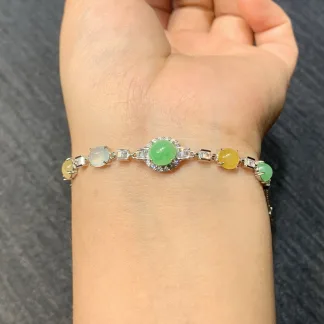 High-Icy Multicolor Natural Jadeite Cabochon Bracelet — S925 Silver · No. CDC4