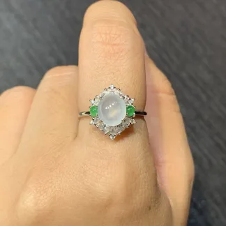 High-Icy Glowing Natural Jadeite Cabochon Ring — S925 Silver · No. E1BB