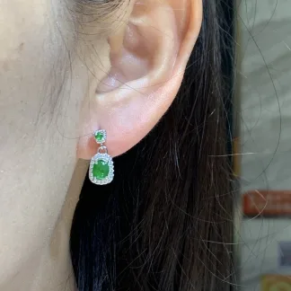 High-Icy Intense Green Natural Jadeite Cabochon Drop Earrings — S925 Silver · No. 0A94