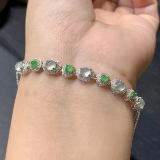 High-Icy Glowing Natural Jadeite Cabochon Bracelet — S925 Silver · No. 5B6A