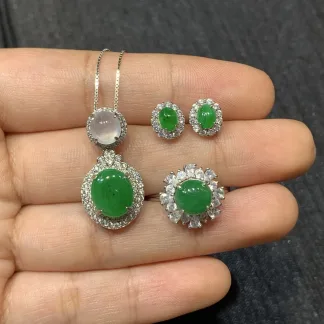 Vivid Green Natural Jadeite Cabochon Set — S925 Silver · No. 38CE