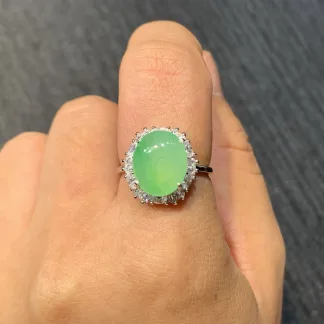 Icy Soft Vivid Green Natural Jadeite Cabochon Ring — S925 Silver · No. F4BC