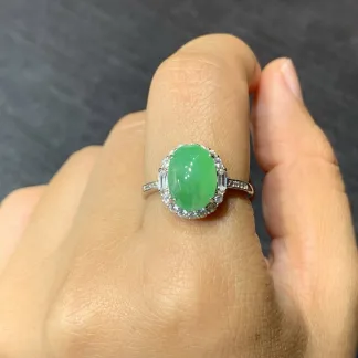 Icy Soft Vivid Green Natural Jadeite Cabochon Ring — S925 Silver · No. 1121