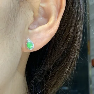 Icy Vivid Green Natural Jadeite Cabochon Stud Earrings — S925 Silver · No. 2D95