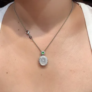 High-Icy Glowing Natural Jadeite Cabochon Pendant — S925 Silver · No. 9B30