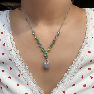 High-Icy Multicolor Natural Jadeite Cabochon Necklace — S925 Silver · No. 2A1E