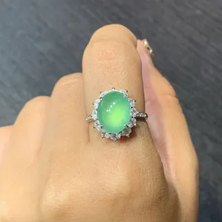 High-Icy Glowing Green Natural Jadeite Cabochon Ring — S925 Silver · No. 3C8D