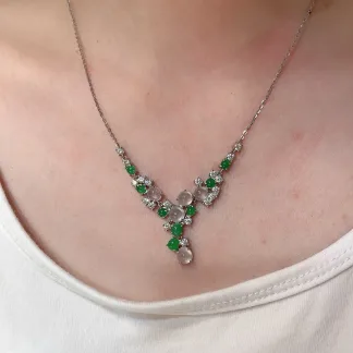 High-Icy Glowing White and Vivid Green Natural Jadeite Cabochon Necklace — S925 Silver · No. FD55