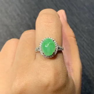 Icy Vivid Green Natural Jadeite Cabochon Ring — S925 Silver · No. 5813
