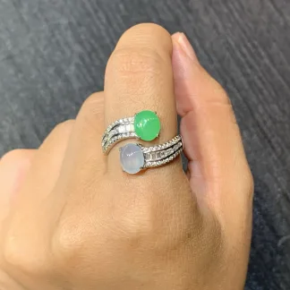 High-Icy White and Green Natural Jadeite Cabochon Ring — S925 Silver · No. B511