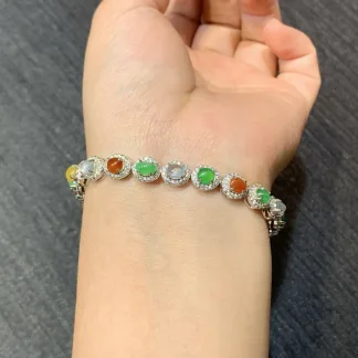 High-Icy Multicolor Multi-Stone Natural Jadeite Cabochon Bracelet — S925 Silver · No. 8CF7