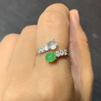 High-Icy White and Green Natural Jadeite Cabochon Ring — S925 Silver · No. 285B