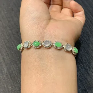 High-Icy White and Green Natural Jadeite Cabochon Bracelet — S925 Silver · No. 68B8
