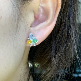 High-Icy Multicolor Natural Jadeite Cabochon Stud Earrings — S925 Silver · No. BA13
