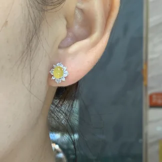 High-Icy Honey Yellow Natural Jadeite Cabochon Stud Earrings — S925 Silver · No. 9E36