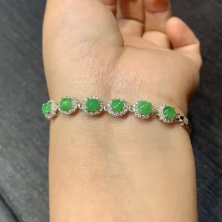 Icy Vivid Green Natural Jadeite Cabochon Bracelet — S925 Silver · No. 99EA