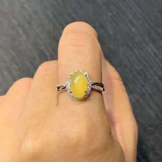 High-Icy Honey Yellow Natural Jadeite Cabochon Ring — S925 Silver · No. 5520