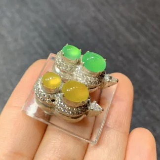 High-Icy Yellow and Green Natural Jadeite Cabochon Stud Earrings — Copper Setting · No. E1A2