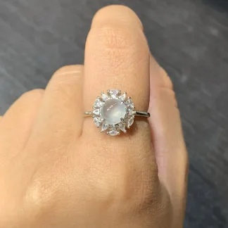 High-Icy Glowing Natural Jadeite Cabochon Ring — S925 Silver · No. B387