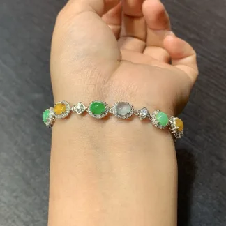 High-Icy Multicolor Natural Jadeite Cabochon Bracelet — S925 Silver · No. A995