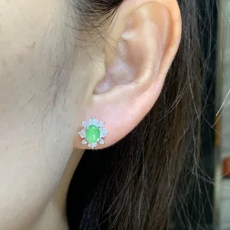 High-Icy Soft Vivid Green Natural Jadeite Cabochon Stud Earrings — S925 Silver · No. F0AB